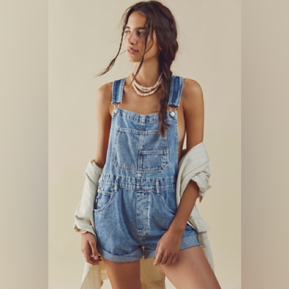 Free People We the Free Shortalls Powder Blue Denim Overalls